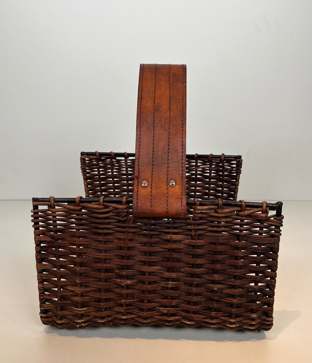 Rattan, Black Lacquered Metal And Leather Log Holder. French. Circa 1970-photo-1