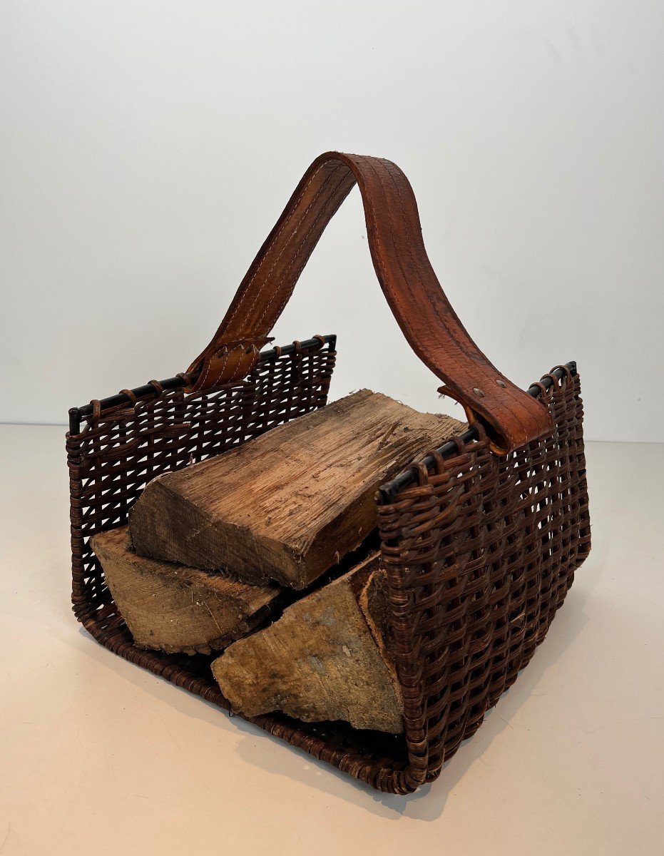 Porte-bûches En Métal Laqué Noir, Rotin Et Cuir. Travail Français. Vers 1970.-photo-8