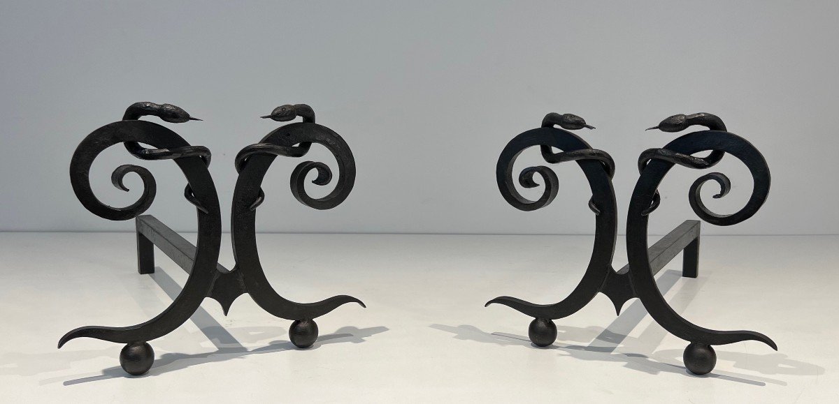 Pair Of Wrought Iron Andirons, "snakes" Model. French Work In The Style Of Edgar Brandt. Circa 1920-photo-2