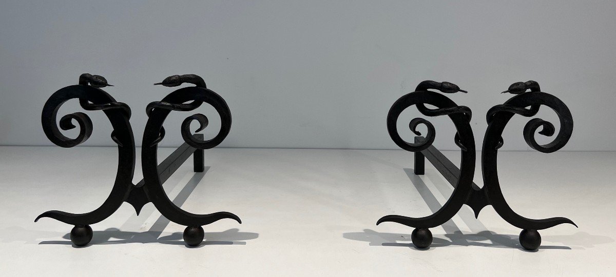 Pair Of Wrought Iron Andirons, "snakes" Model. French Work In The Style Of Edgar Brandt. Circa 1920-photo-3