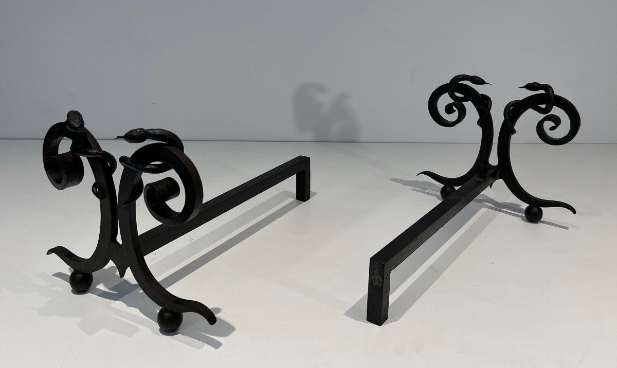 Pair Of Wrought Iron Andirons, "snakes" Model. French Work In The Style Of Edgar Brandt. Circa 1920-photo-1
