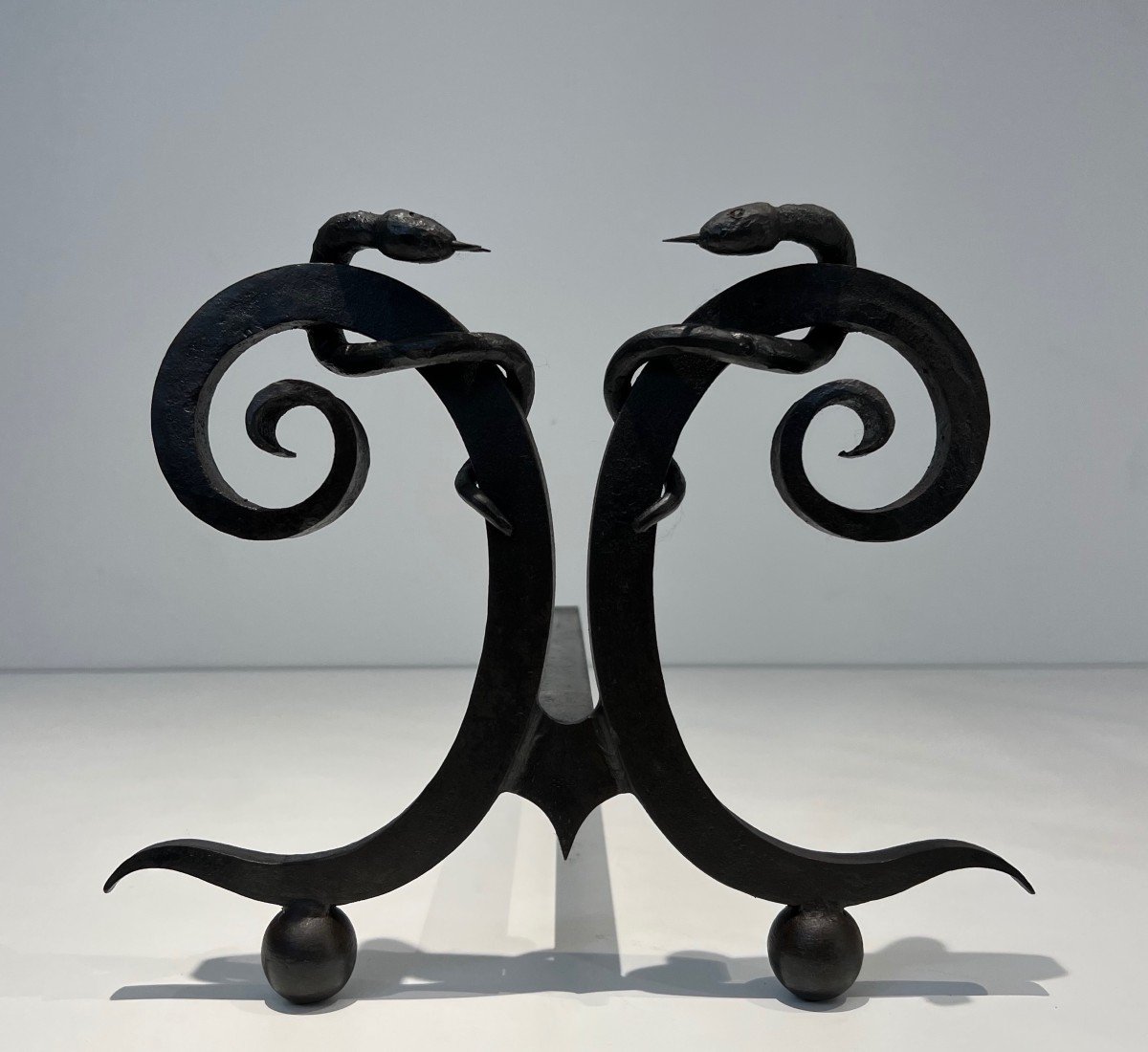 Pair Of Wrought Iron Andirons, "snakes" Model. French Work In The Style Of Edgar Brandt. Circa 1920-photo-3