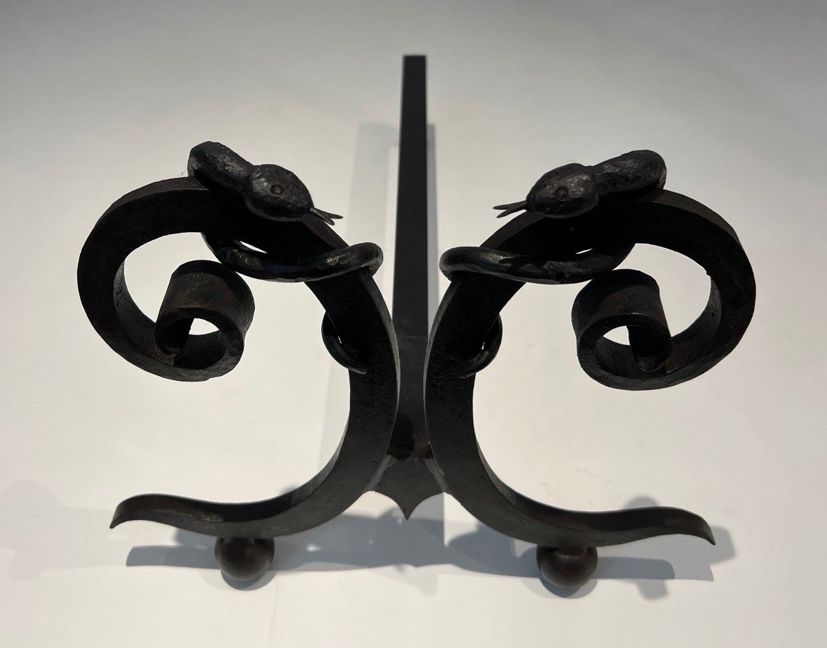 Pair Of Wrought Iron Andirons, "snakes" Model. French Work In The Style Of Edgar Brandt. Circa 1920-photo-4