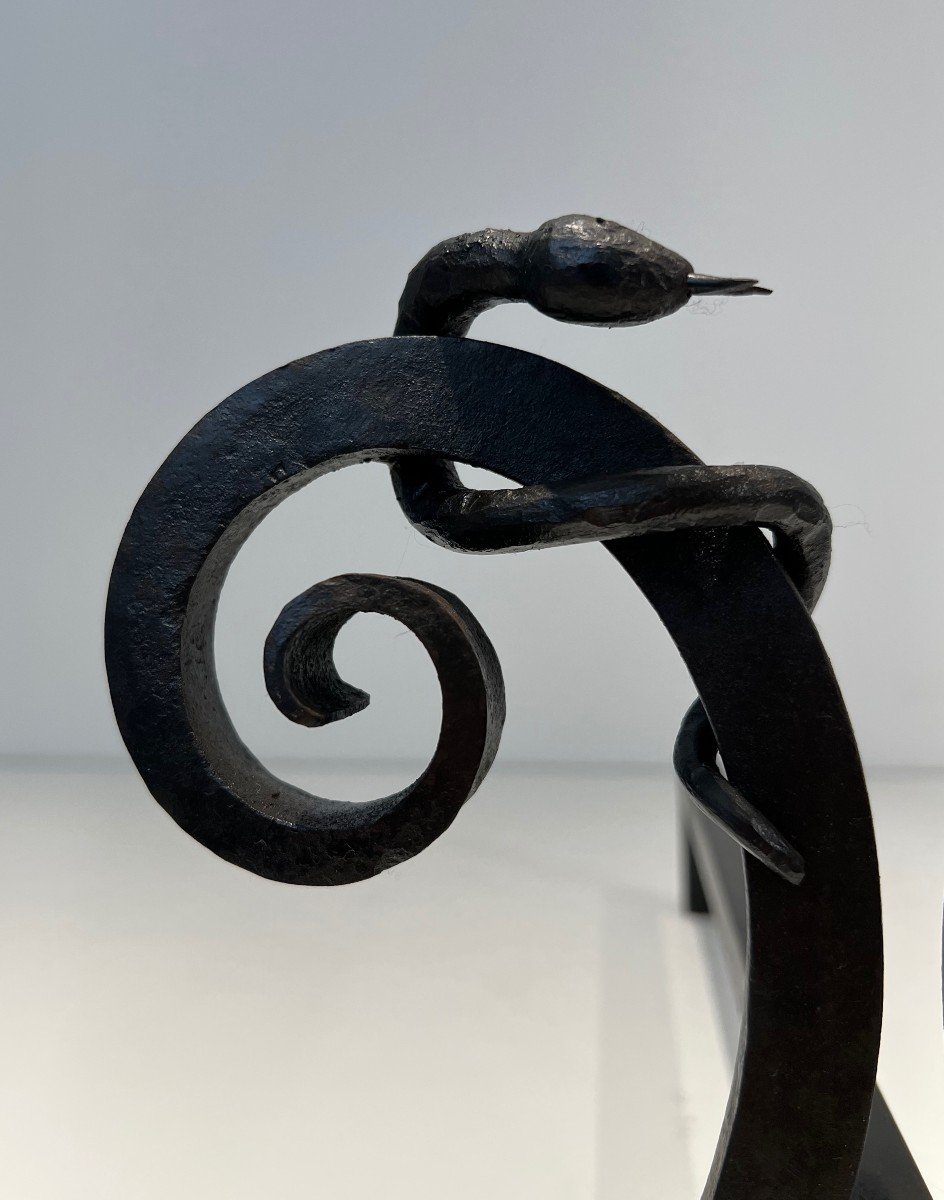 Pair Of Wrought Iron Andirons, "snakes" Model. French Work In The Style Of Edgar Brandt. Circa 1920-photo-5