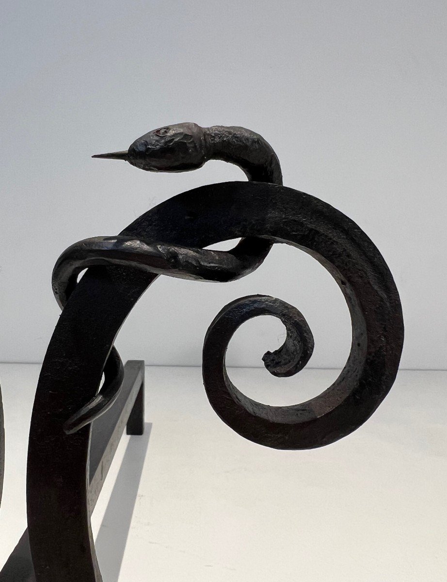 Pair Of Wrought Iron Andirons, "snakes" Model. French Work In The Style Of Edgar Brandt. Circa 1920-photo-6