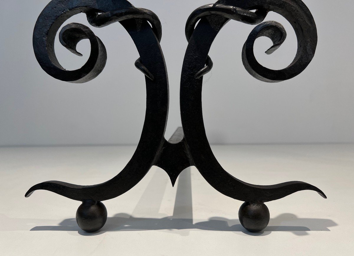 Pair Of Wrought Iron Andirons, "snakes" Model. French Work In The Style Of Edgar Brandt. Circa 1920-photo-7