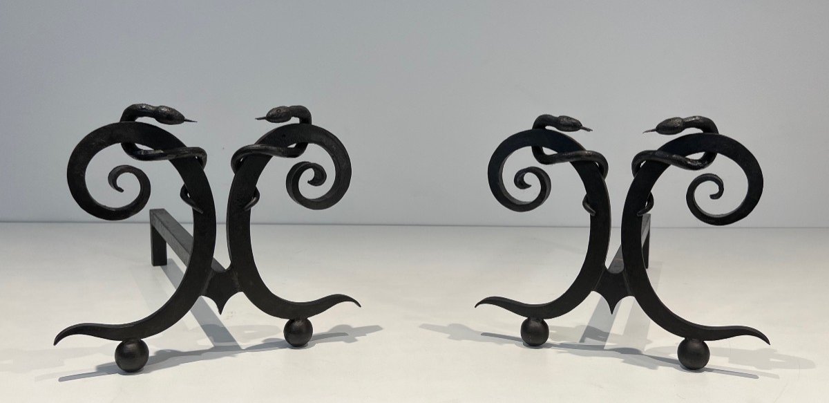 Pair Of Wrought Iron Andirons, "snakes" Model. French Work In The Style Of Edgar Brandt. Circa 1920-photo-8