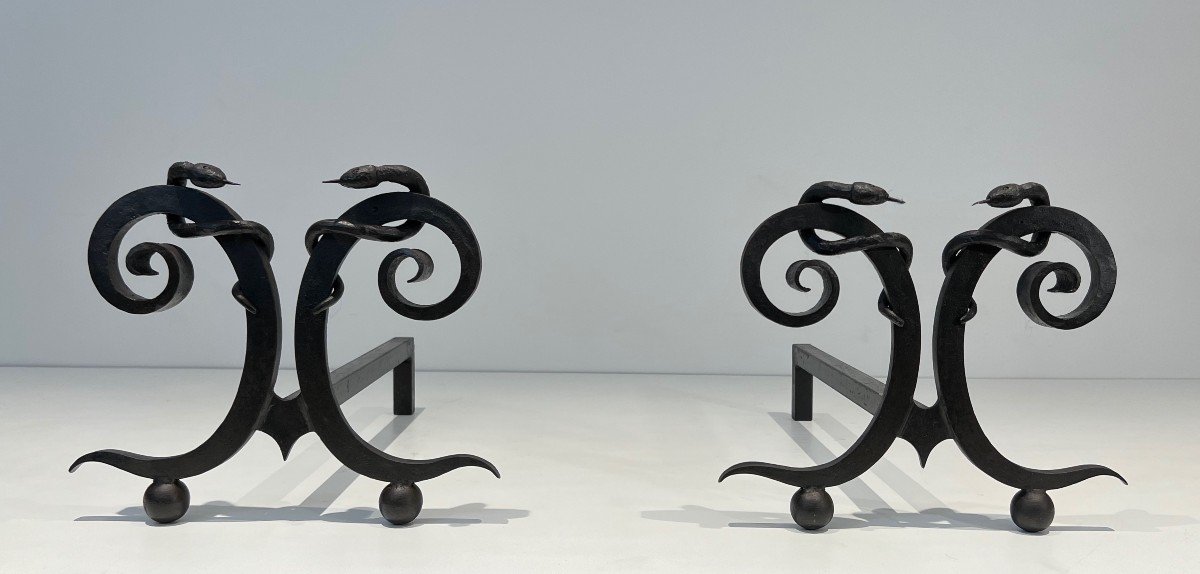 Pair Of Wrought Iron Andirons, "snakes" Model. French Work In The Style Of Edgar Brandt. Circa 1920