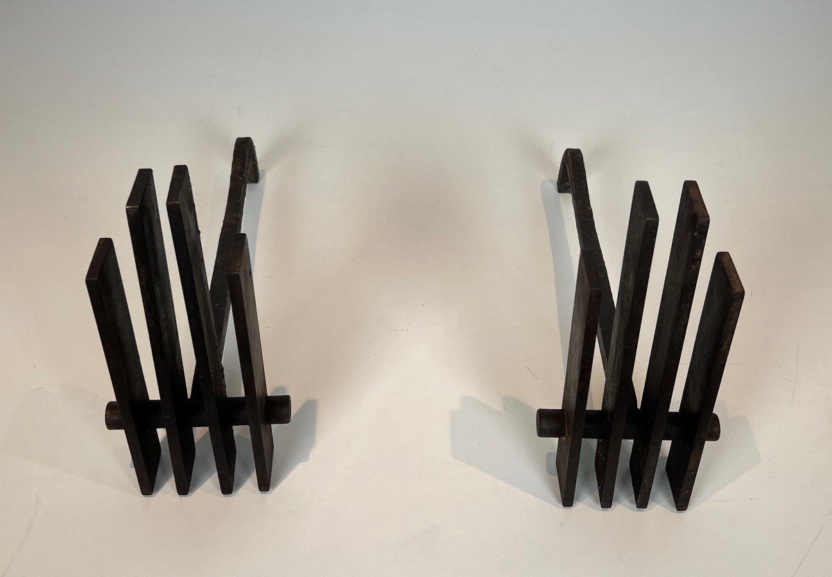 Paire De Chenets Modernistes En Acier. Travail Français. Vers 1950-photo-4