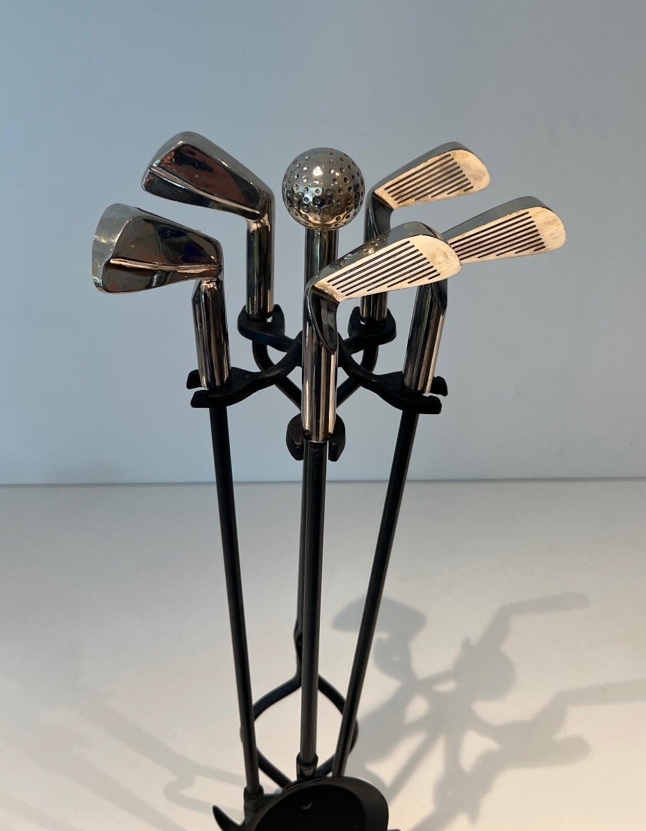 "golf" Model Fire Kit In Black Lacquered Metal And Chrome-plated Brass Made Up Of Elements On The Golf Theme Represented By Chrome-plated Brass-photo-1