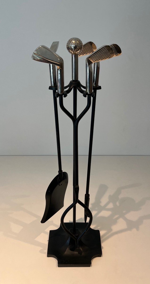 "golf" Model Fire Kit In Black Lacquered Metal And Chrome-plated Brass Made Up Of Elements On The Golf Theme Represented By Chrome-plated Brass-photo-8