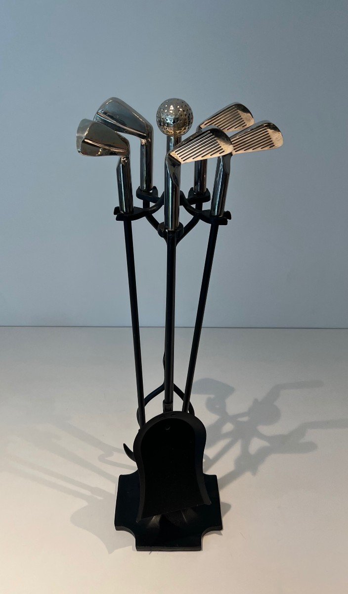 "golf" Model Fire Kit In Black Lacquered Metal And Chrome-plated Brass Made Up Of Elements On The Golf Theme Represented By Chrome-plated Brass