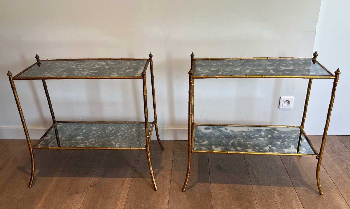Pair Of Faux-bamboo Side Tables Made Of Gilt Metal And Beautiful Oxydized Mirror Tops. This Is A Work In The Style Of Maison Baguès. -photo-2
