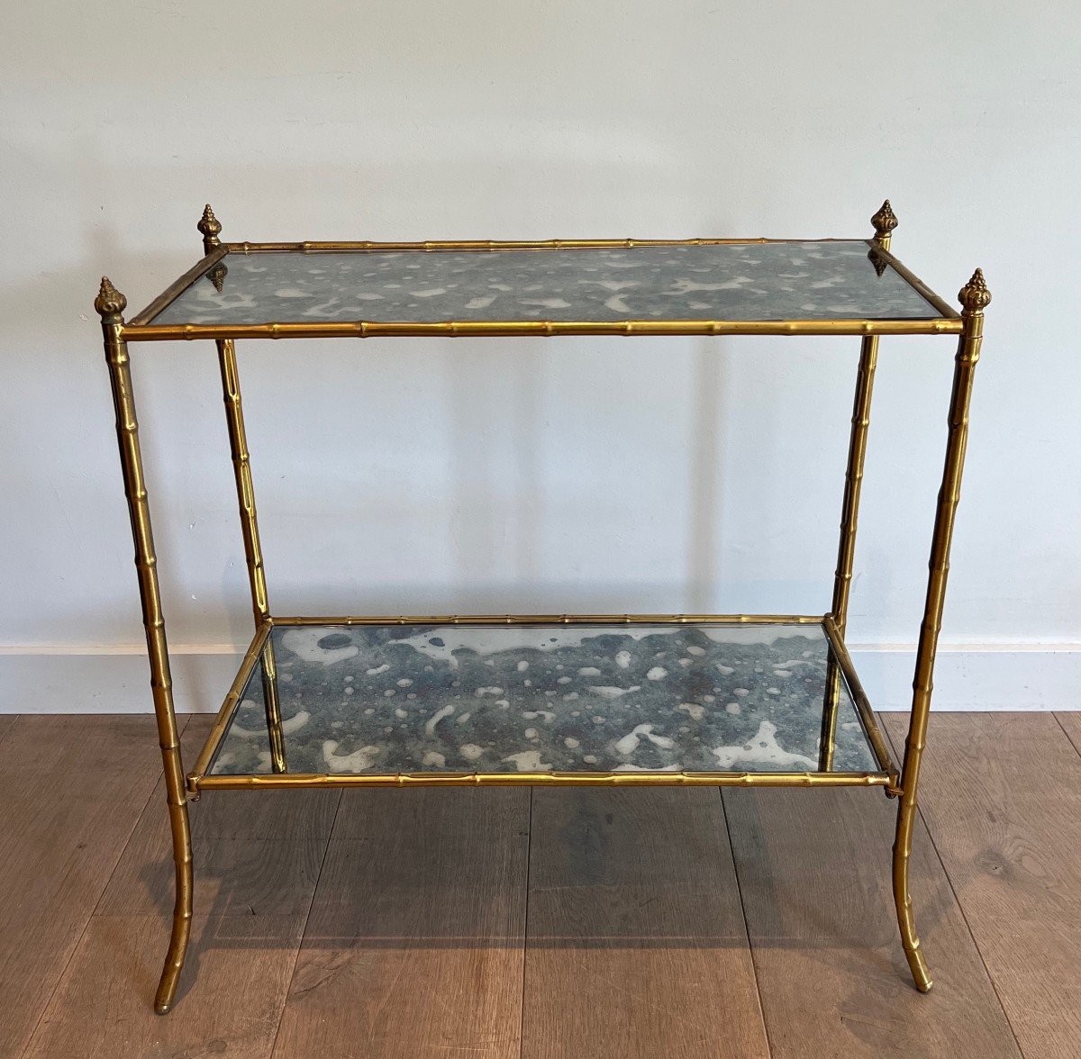 Pair Of Faux-bamboo Side Tables Made Of Gilt Metal And Beautiful Oxydized Mirror Tops. This Is A Work In The Style Of Maison Baguès. -photo-1