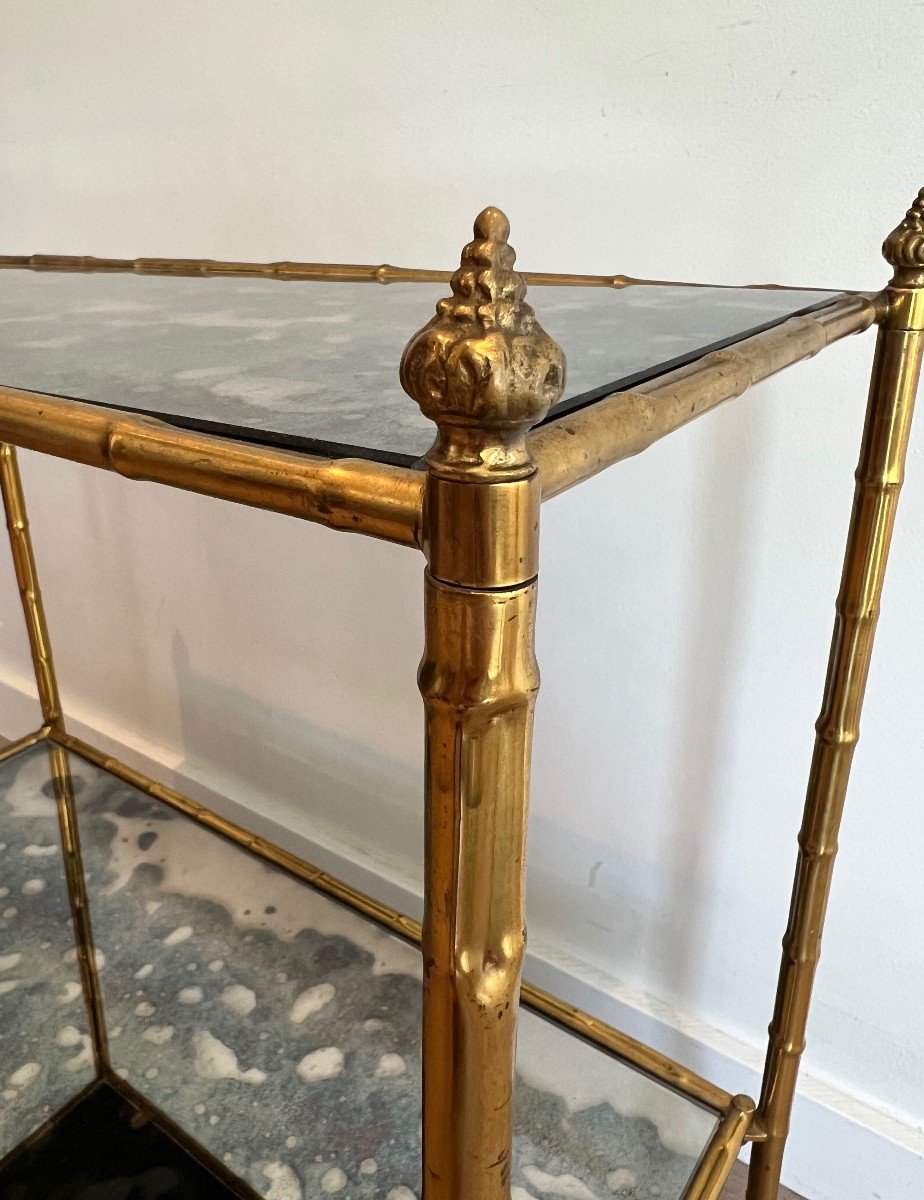 Pair Of Faux-bamboo Side Tables Made Of Gilt Metal And Beautiful Oxydized Mirror Tops. This Is A Work In The Style Of Maison Baguès. -photo-3