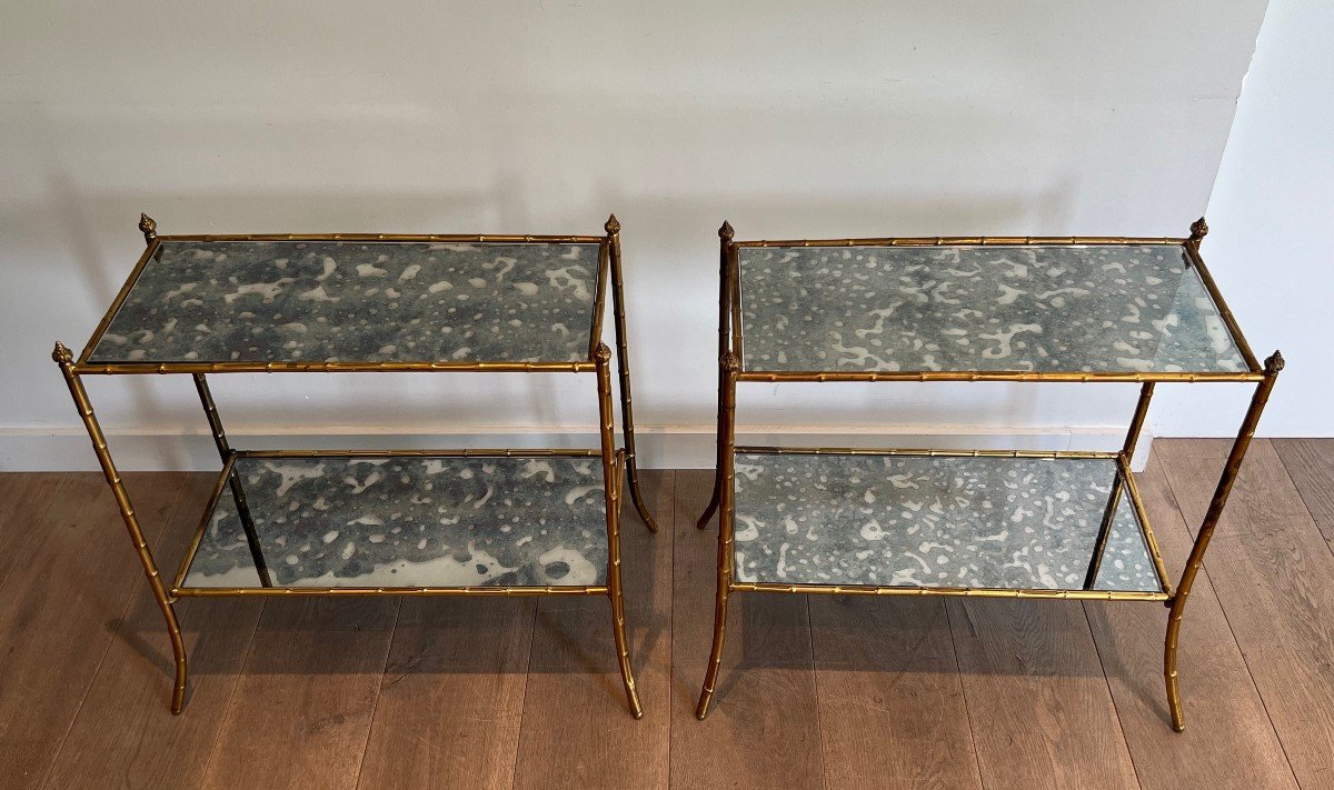 Pair Of Faux-bamboo Side Tables Made Of Gilt Metal And Beautiful Oxydized Mirror Tops. This Is A Work In The Style Of Maison Baguès. -photo-6