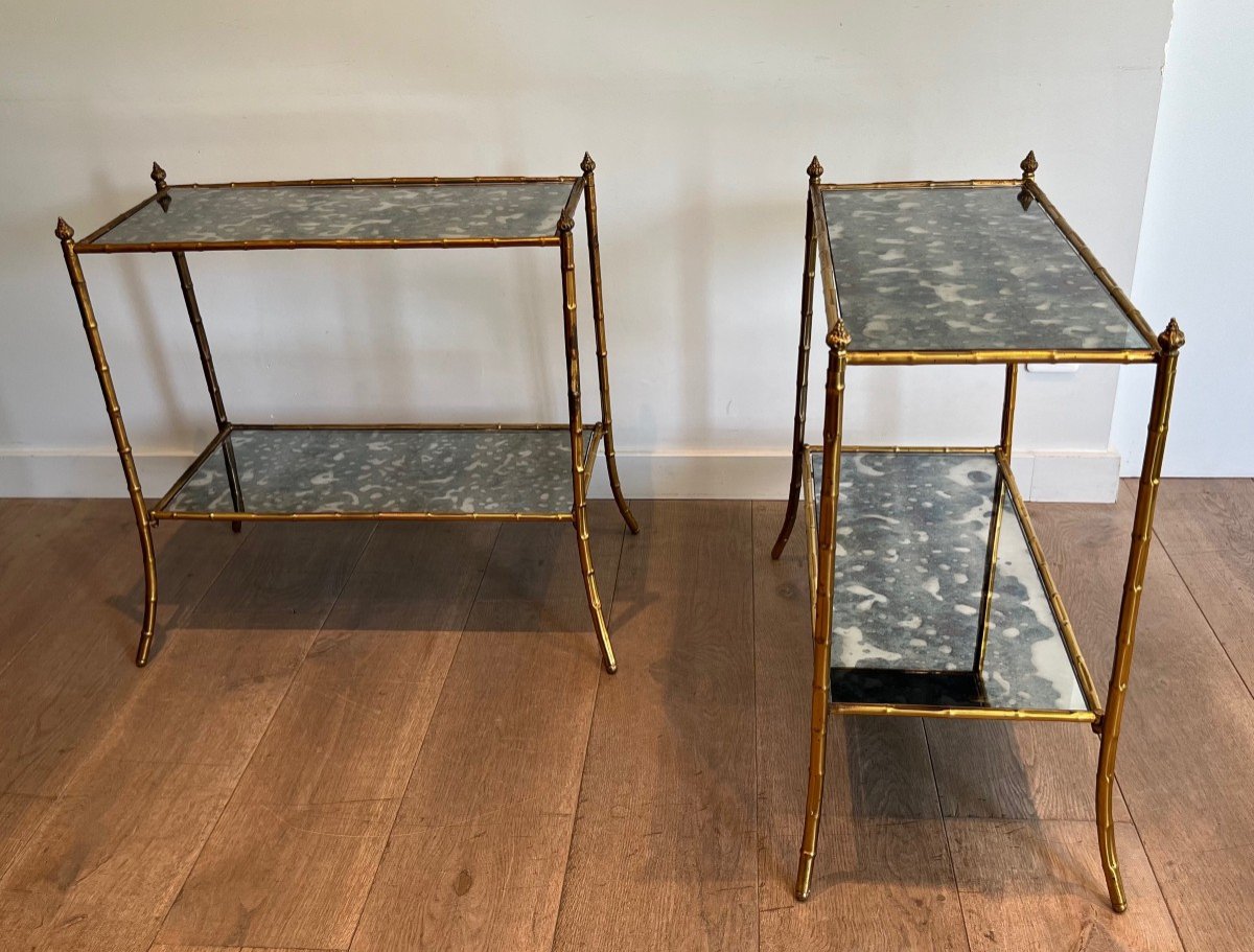 Pair Of Faux-bamboo Side Tables Made Of Gilt Metal And Beautiful Oxydized Mirror Tops. This Is A Work In The Style Of Maison Baguès. -photo-7