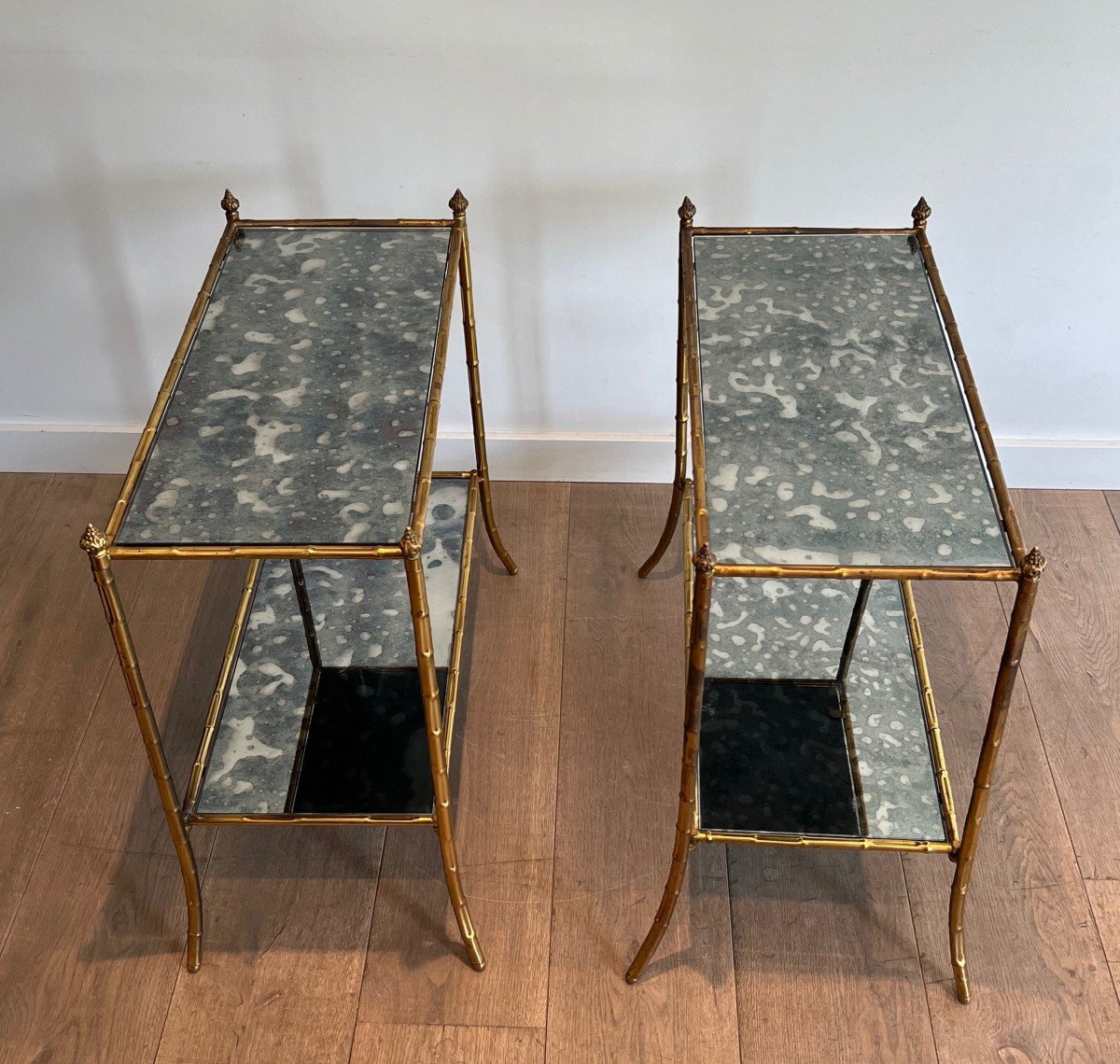 Pair Of Faux-bamboo Side Tables Made Of Gilt Metal And Beautiful Oxydized Mirror Tops. This Is A Work In The Style Of Maison Baguès. -photo-8