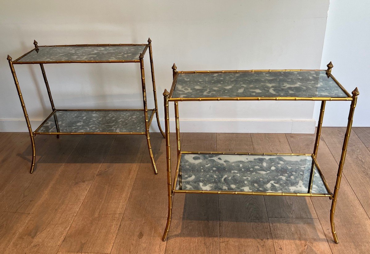 Pair Of Faux-bamboo Side Tables Made Of Gilt Metal And Beautiful Oxydized Mirror Tops. This Is A Work In The Style Of Maison Baguès. 