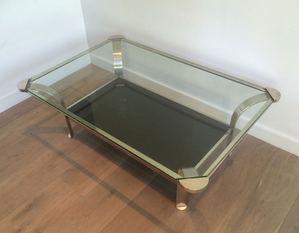 Large Design Chrome Coffee Table With Clear Glass Shelf On Top And Black Lacquered Glass Shelf On The Bottom. French Work. Circa 1970-photo-2