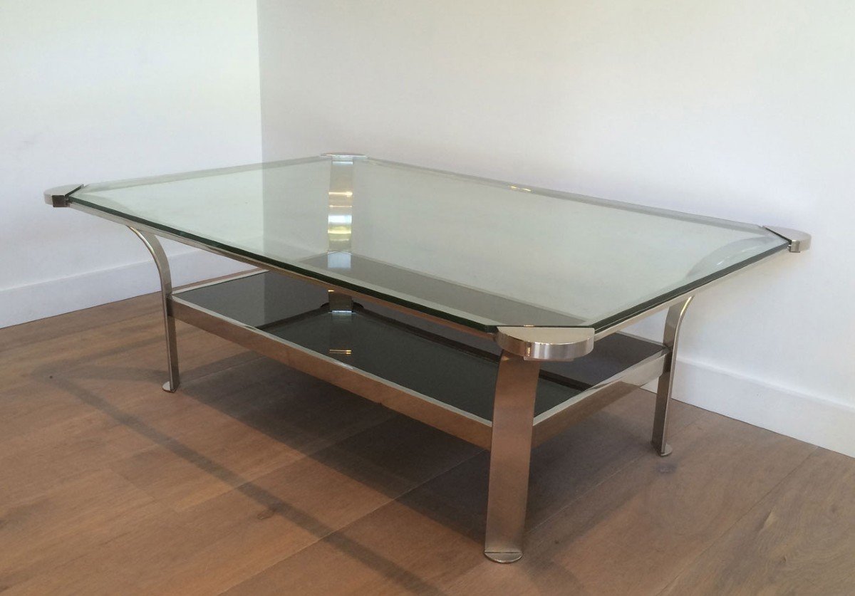 Large Design Chrome Coffee Table With Clear Glass Shelf On Top And Black Lacquered Glass Shelf On The Bottom. French Work. Circa 1970-photo-3