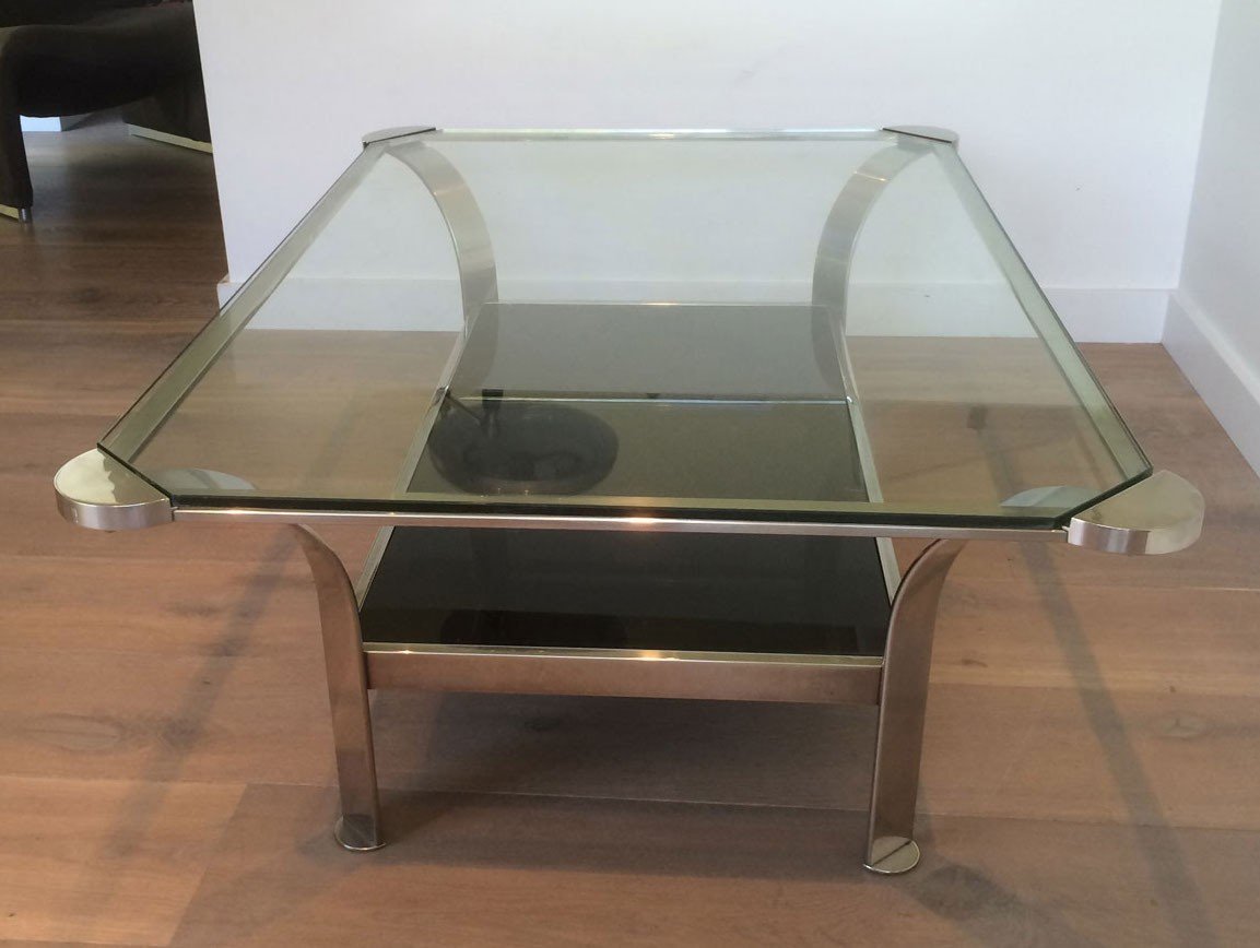 Large Design Chrome Coffee Table With Clear Glass Shelf On Top And Black Lacquered Glass Shelf On The Bottom. French Work. Circa 1970-photo-4