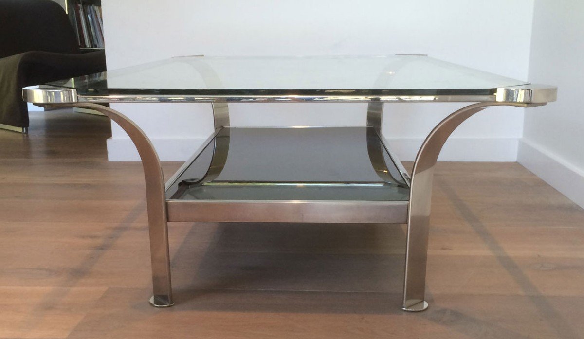 Large Design Chrome Coffee Table With Clear Glass Shelf On Top And Black Lacquered Glass Shelf On The Bottom. French Work. Circa 1970-photo-1