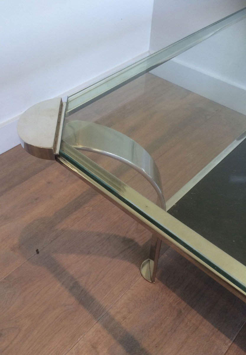 Large Design Chrome Coffee Table With Clear Glass Shelf On Top And Black Lacquered Glass Shelf On The Bottom. French Work. Circa 1970-photo-3