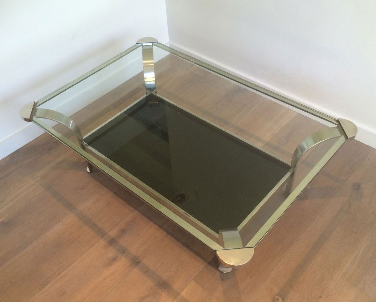 Large Design Chrome Coffee Table With Clear Glass Shelf On Top And Black Lacquered Glass Shelf On The Bottom. French Work. Circa 1970-photo-8