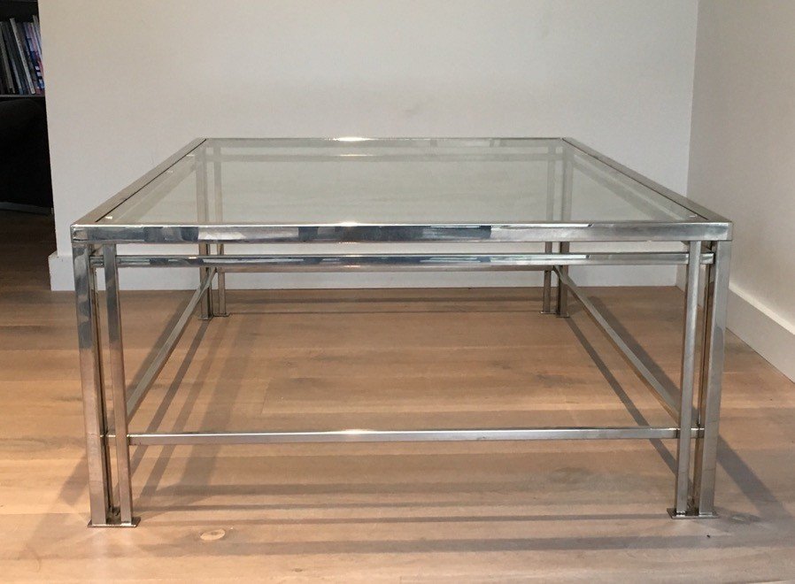 Modernist Chrome Coffee Table With Triple Legs. French Work. Around 1970-photo-3