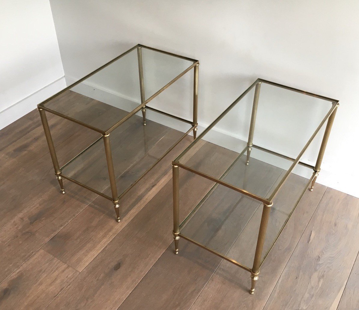 Pair Of Neoclassical Style Brass Side Tables With Fluted Legs Attributed To Maison Jansen-photo-1