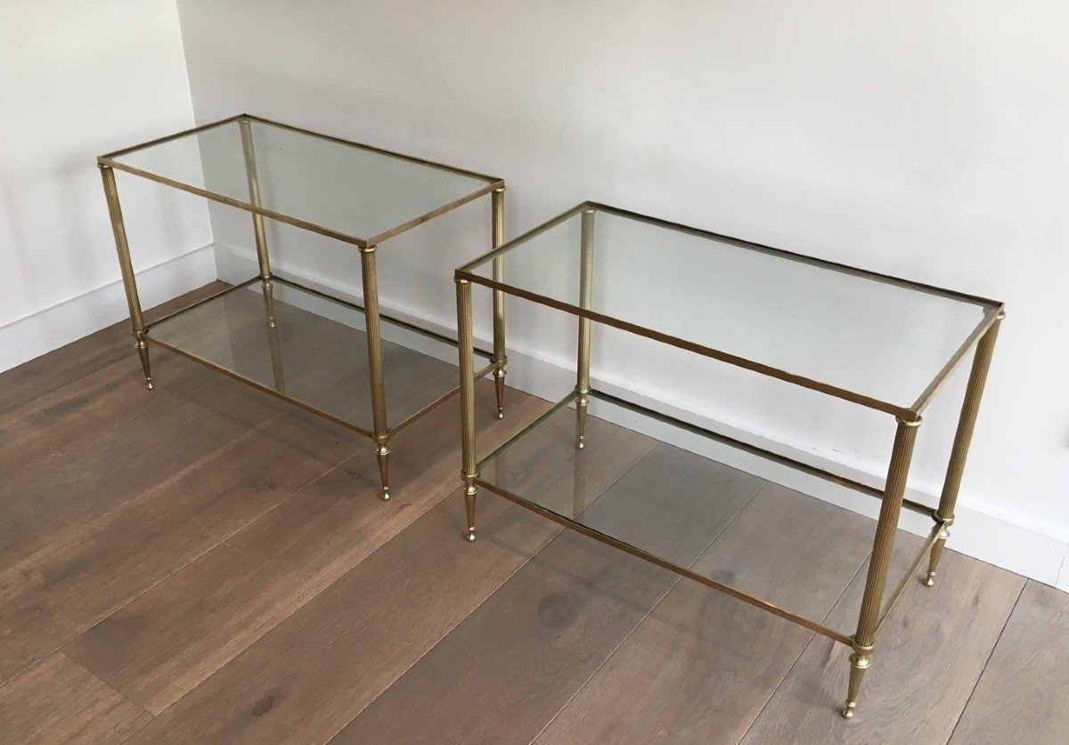 Pair Of Neoclassical Style Brass Side Tables With Fluted Legs Attributed To Maison Jansen