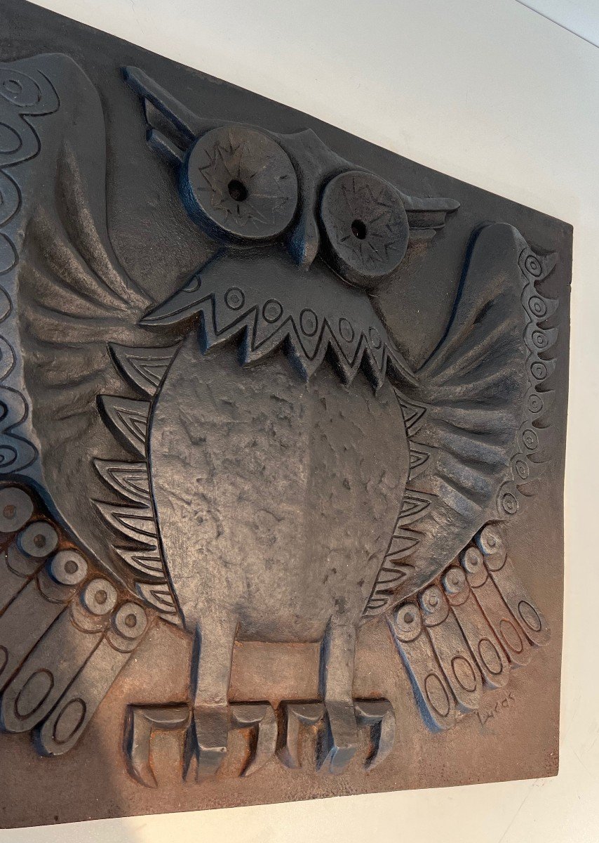 Modernist Cast Iron Fireback Showing An Owl-photo-8