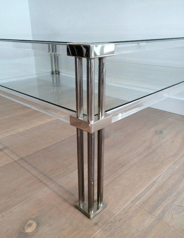 Large Coffee Table In Chrome And Plexiglass. Around 1970-photo-1