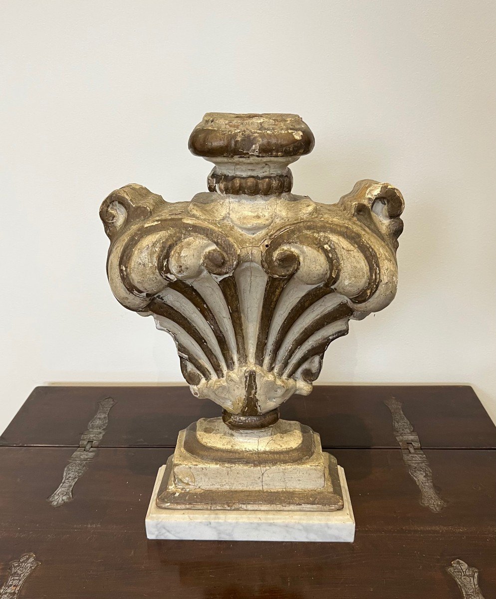 Decorative Element In Carved Wood On Carrara Marble Base That Can Be Mounted As A Lamp. 