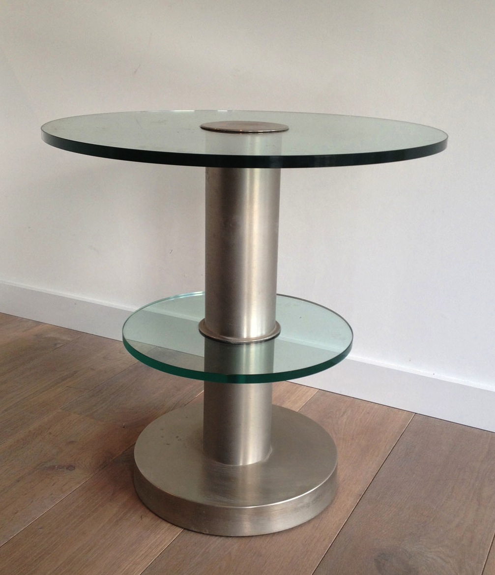 Modernist Brushed Steel And Glass Occasionable Table. Circa 1970 -photo-3