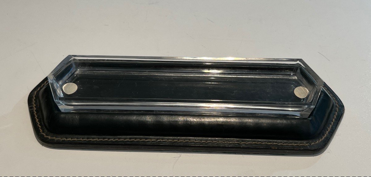 Cellier Stitched Dark Green Leather Pen Holder. French Work In The Style Of Jacques Adnet-photo-8
