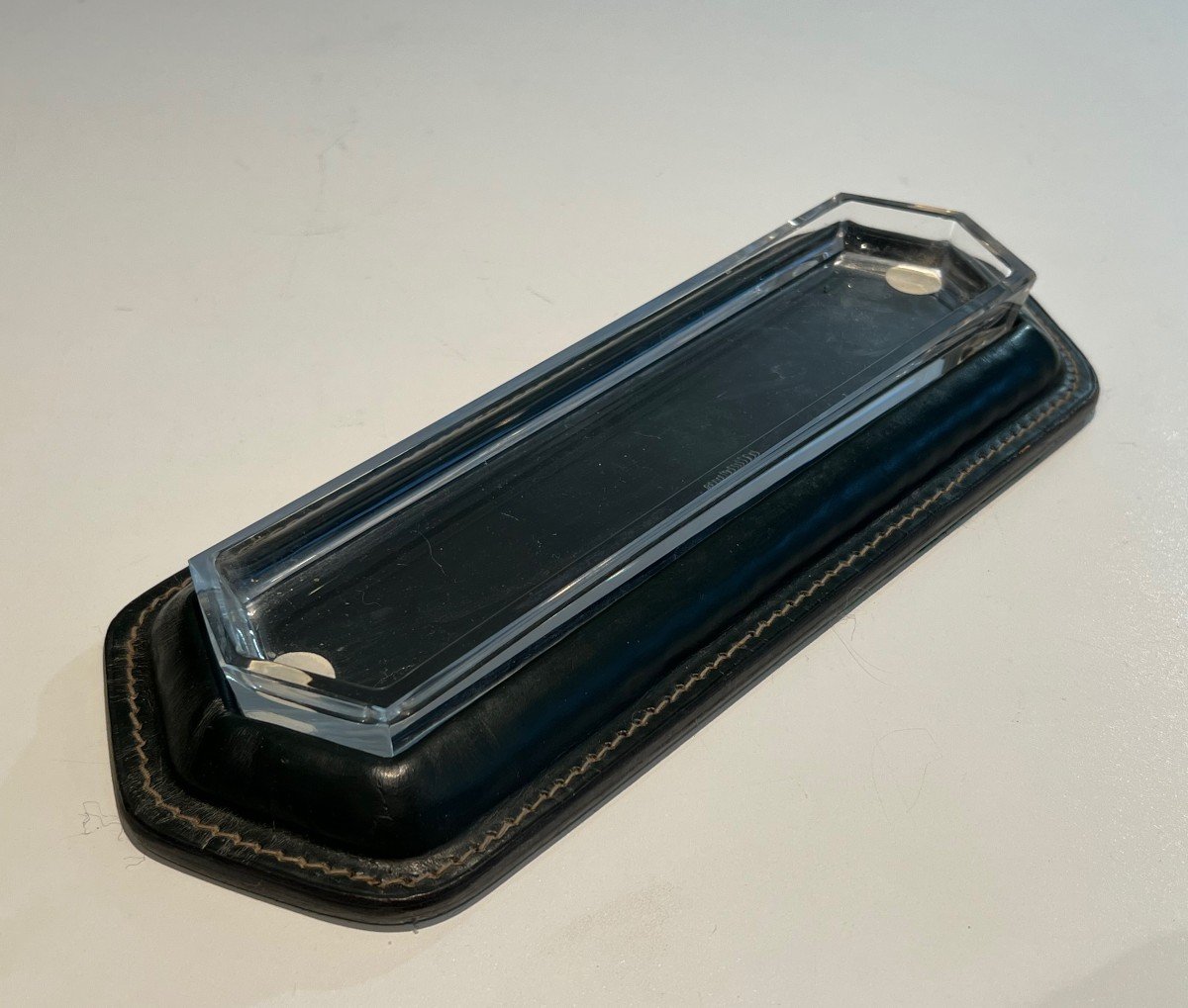Cellier Stitched Dark Green Leather Pen Holder. French Work In The Style Of Jacques Adnet