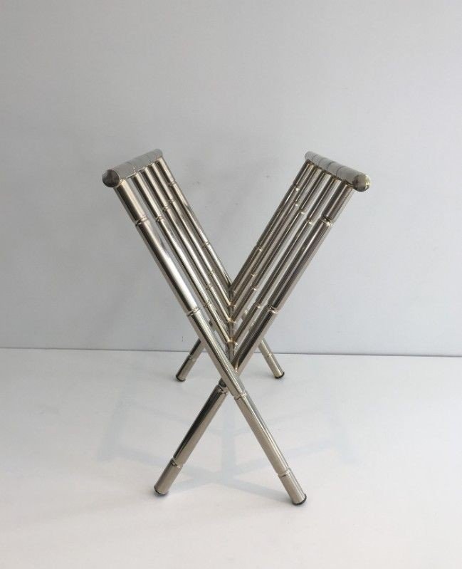 Faux-bamboo Nickel Magazine Rack. French Work In The Style Of Jacques Adnet. Circa 1970-photo-4