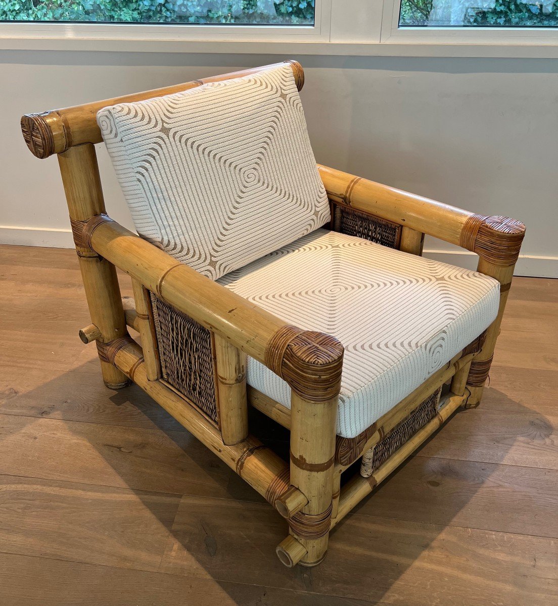Paire d'Importants Fauteuils En Bambou Et Coussins De Pierre Frey. Travail Français; Vers 1970-photo-2