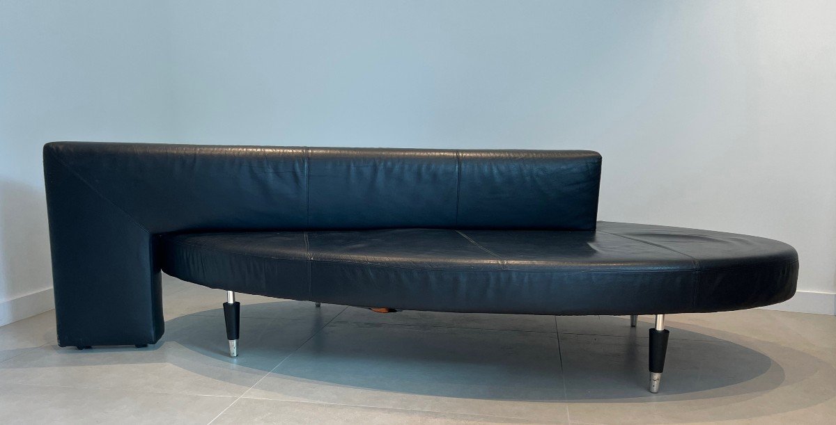 Rare Oval Design Black Leather Sofa With Chrome Legs. French Work. Circa 1970-photo-3
