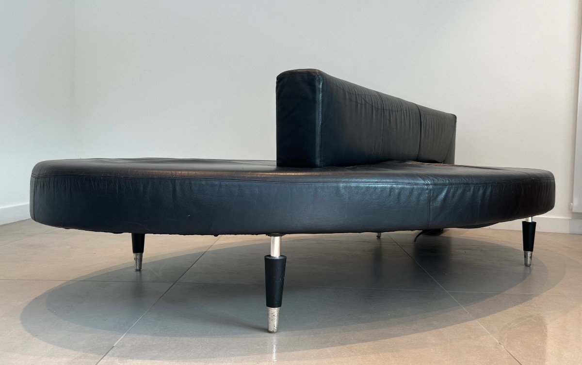 Rare Oval Design Black Leather Sofa With Chrome Legs. French Work. Circa 1970-photo-2