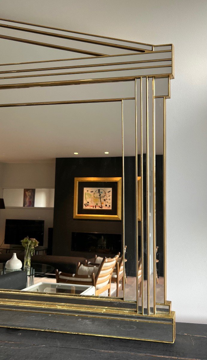 Large Domus Mirror In Wood, Gold Plexiglass And Mirrors. French Work. Circa 1970-photo-5