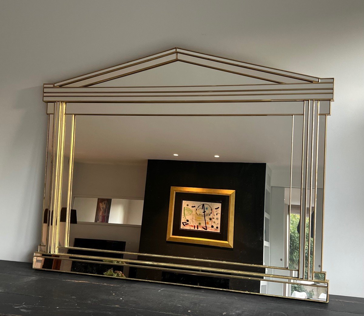 Large Domus Mirror In Wood, Gold Plexiglass And Mirrors. French Work. Circa 1970