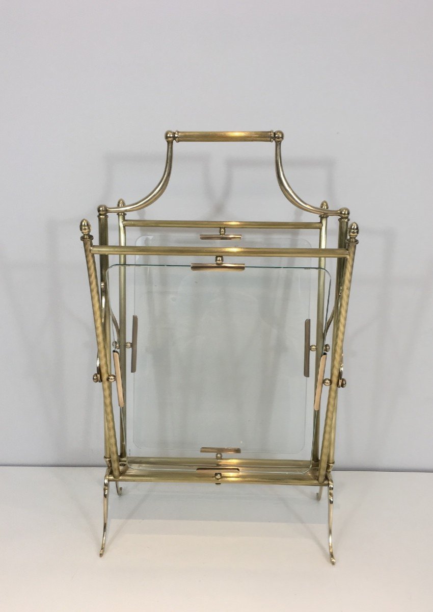 Neoclassical Style Brass And Clear Glass Magazine Rack. French Work By Maison Jansen. -photo-2
