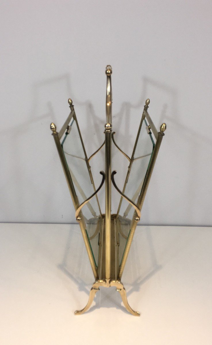 Neoclassical Style Brass And Clear Glass Magazine Rack. French Work By Maison Jansen. -photo-3