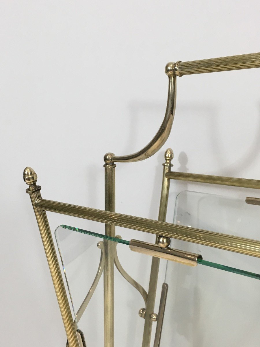 Neoclassical Style Brass And Clear Glass Magazine Rack. French Work By Maison Jansen. -photo-4