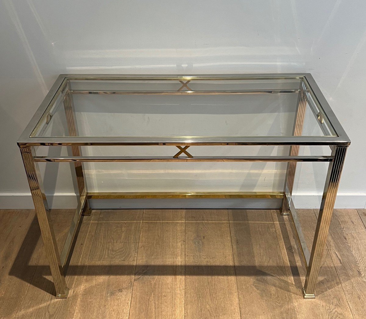 Neoclassical Style Chrome And Brass Desk. Italian Work. Circa 1970-photo-2