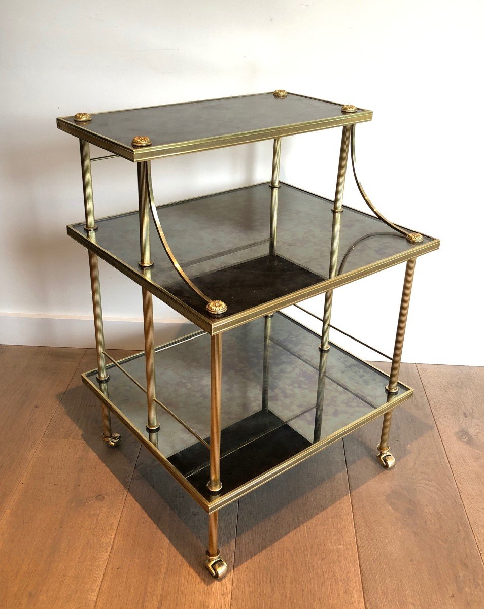 Small Brass Shelves On Casters With Three Tiers Made Of Antiques Mirrors. French Work By Maison-photo-2