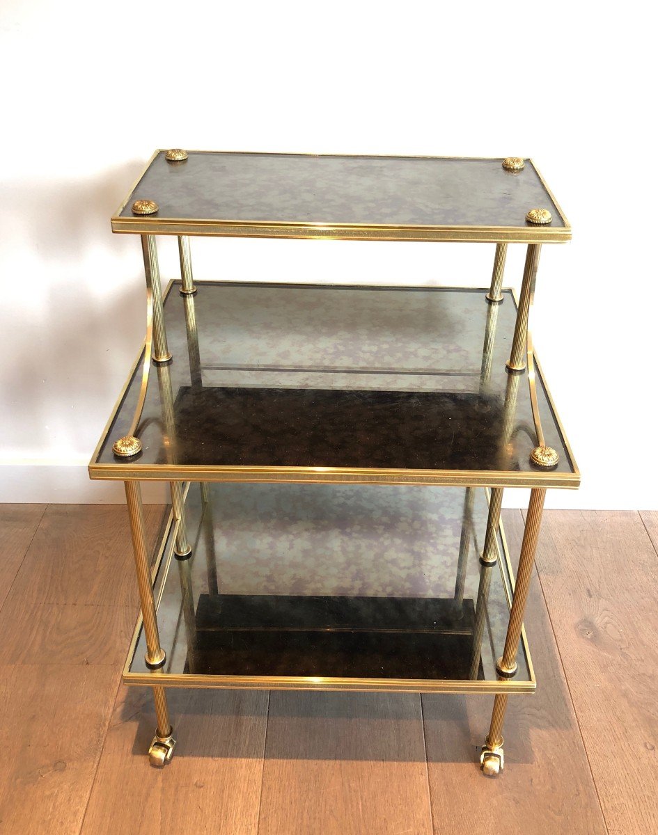 Small Brass Shelves On Casters With Three Tiers Made Of Antiques Mirrors. French Work By Maison-photo-1